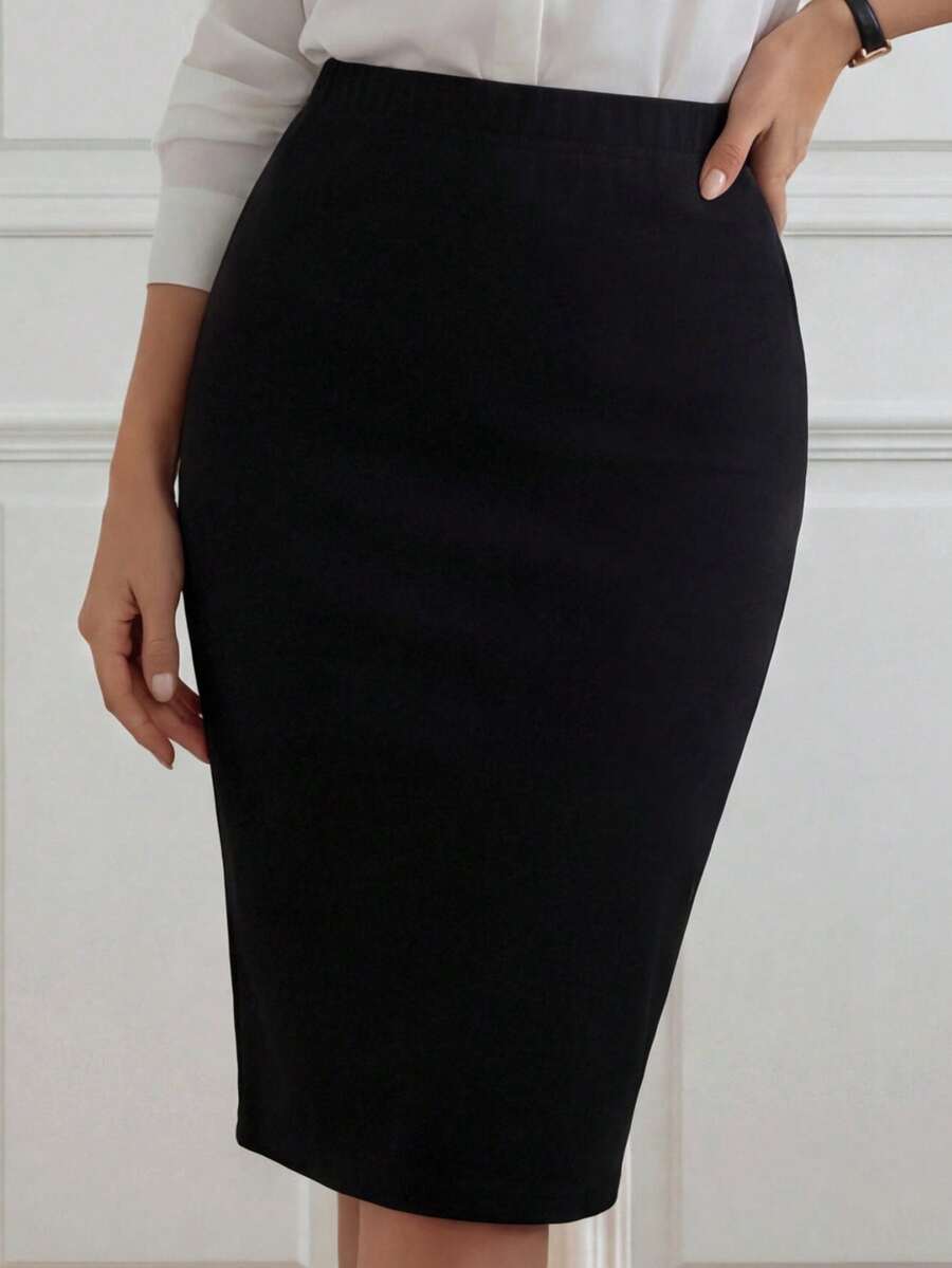 Miaspire High Waist Solid Skirt - Black - View 1