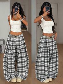 Coolane Quần dài nữ mùa hè kiểu vintage, phong cách hippie, dáng rộng, màu xanh rêu quân đội. - Đen và trắng - Xem 4