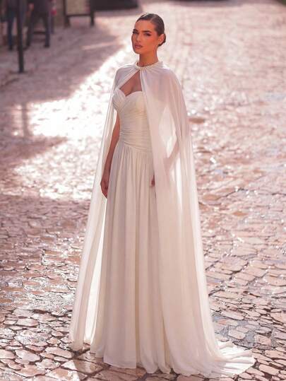 Aureia 优雅浪漫时尚的杏色雪纺露背披肩褶皱装饰A字连衣裙，优雅派对礼服，婚礼宾客礼服，杏色连衣裙，时尚优雅的伴娘礼服