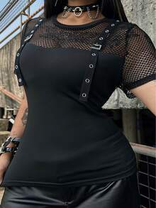Whyspr Casual Punk Music Festival Coachella Plus Size Punk Eyelet Patchwork Short Sleeve T-Shirt, Spring/Summer - Black - View 5