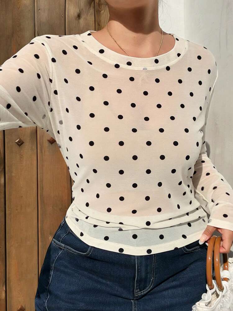 Dazy Plus Plus Size Women Casual Polka Dot Print Long Sleeve T-Shirt