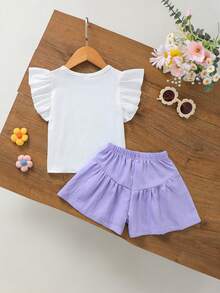 SHEIN 2件套女童圆领泡泡袖T恤+“Born Bright”彩虹标语+花卉装饰+抽绳叠层短裤，活力舒适，适合户外玩耍、日常穿着和休闲聚会的夏季套装。 - 白色 - 查看 3