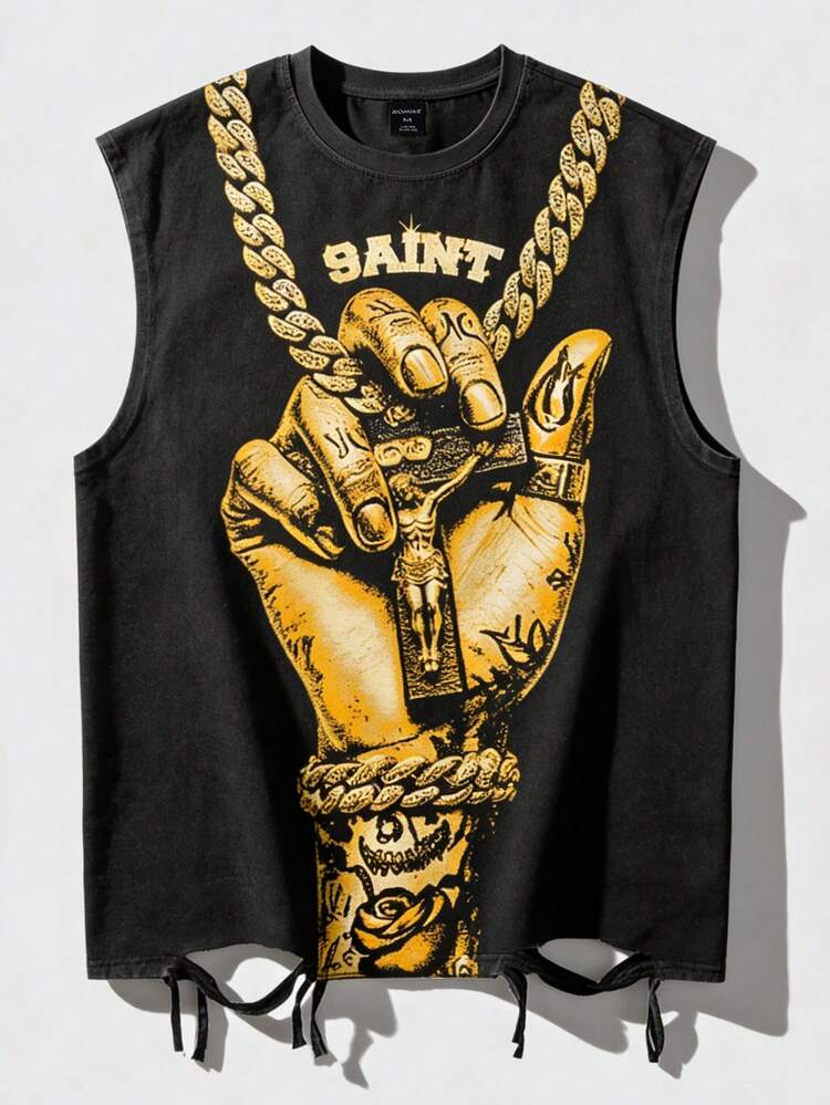 ROMWE MEN Street Life Men's Letter Print Round Neck Distressed Design Casual Tank Top - Black - View 1