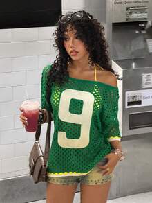 StreetHx Streetwear Women Solid Color Hollow Out Embroidered Digit Short Sleeve Knit Top - Green - View 6