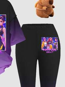 紫色渐变夜幕黑，韩版卡通少女，少女休闲简约短袖T恤和裤子两件套，适合夏季街头风、校园休闲运动、户外野餐 - 彩色 - 查看 5