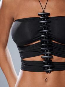Denimoi Áo croptop cổ yếm màu trơn gợi cảm, khoét eo, thích hợp cho mùa hè. - màu đen - Xem 2