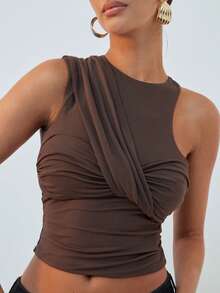 Hauture Women's Elegant Shades Of Brown Summer One Shoulder Ruched Front Twist Cropped Knit Top,Old Money Aesthetic High Neckline Bar Party Date Night Top - Brown - View 2