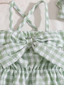 SHEIN Vintaside Kids 2件套女婴时尚可爱条纹露肩连体衣和发带套装，夏季派对 - 綠色 - 查看 6