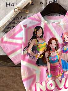 SHEIN 女童圆领字母卡通印花短袖T恤和短裤休闲简约套装，适合度假、聚会和日常穿着。 - 彩色 - 查看 4