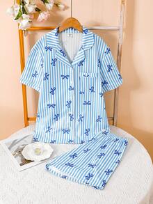 Bộ đồ ngủ 2 mảnh cho bé gái màu xanh sọc cổ nơ cài cúc tay ngắn, thoải mái, kiểu dáng thường ngày; Áo khoác cardigan cổ bẻ dáng rộng thoải mái cho nữ; Bộ đồ ngủ 2 mảnh phong cách ngọt ngào cho tuổi teen; Bộ đồ mặc nhà mới phong cách indie cho học sinh. - Màu xanh lam - Xem 6