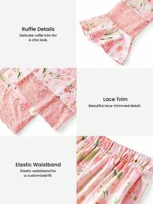 LUVLETTE 优雅性感粉色碎花睡衣套装 - 长袖上衣和蕾丝边阔腿裤，迷人家居服睡衣 - 粉色 - 查看 4