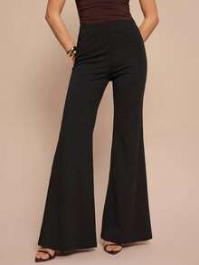 Leighera Black High Waist Elegant Elastic Waist Fashionable Wide Leg Pants - Black - View 7