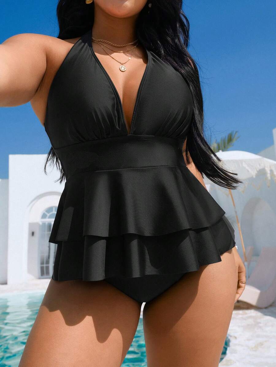 Swim Vcay Conjunto de bikini de top con cuello en V y volantes y Bottom triangular de cintura alta para mujeres de talla grande, adecuado para la playa y las vacaciones en primavera/verano 2026 - Negro - Ver 1