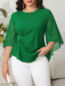 Reflora Plus Size Solid Color Minimalist Casual Round Neck Long Sleeve Shirt - Green - View 3