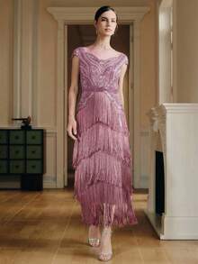 Anewsta Vestido de mujer de estilo bohemio de alta gama con parches, flecos y cuentas - Rosa vieja - Ver 5