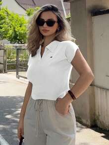 Jeta Ari Women's Fitted Polo Collar Solid Color Knit Sweater Top, Casual For Commuting In Spring/Summer - White - View 5