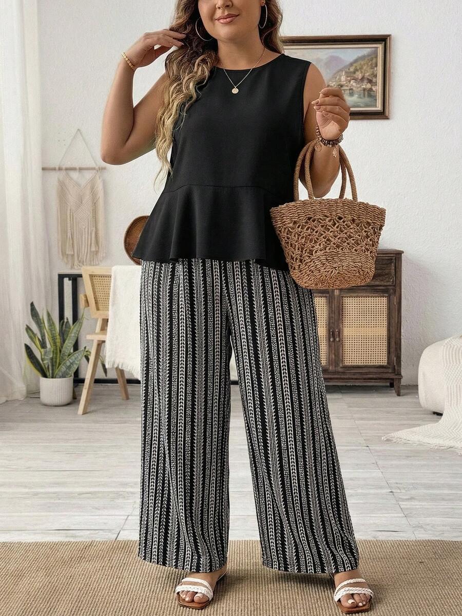 SHEIN LUNE Black Casual Top + Retro Striped Printed Pants 2-Piece Set, Vacation Style Suitable For Spring/Summer, Plus Size - Multicolor - View 1