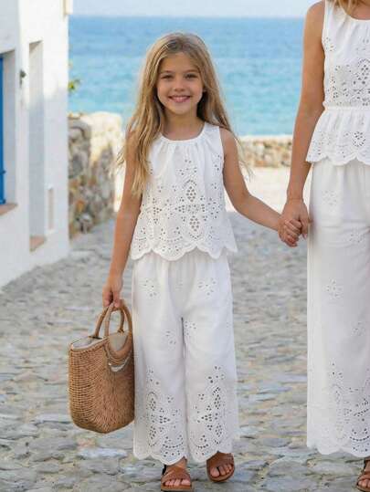 Emery Rose Kids Emery Rose Kids 2 piezas Conjunto de top sin mangas de unicolor tejido y pantalones largos para niña joven