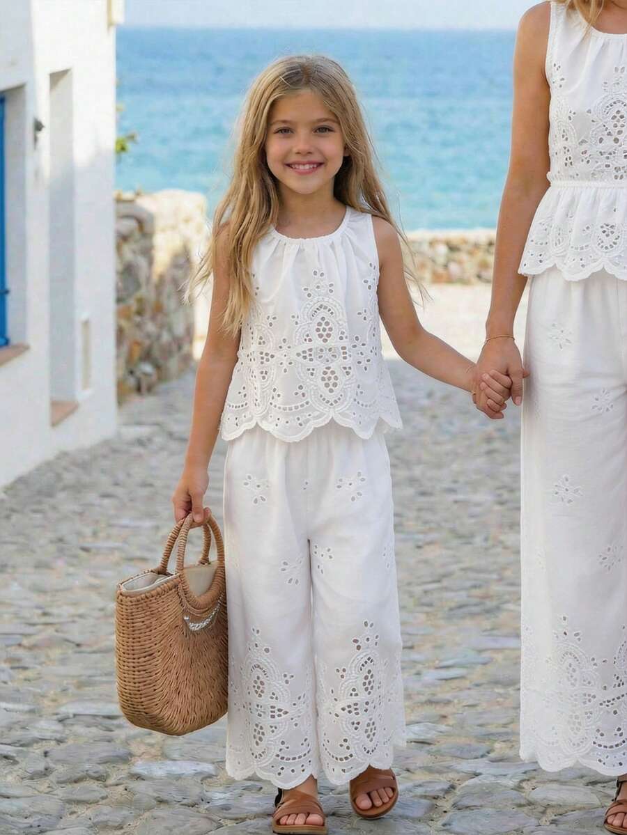 Emery Rose Kids Emery Rose Kids 两件套女童纯色梭织无袖上衣和长裤套装 - 白色 - 查看 1