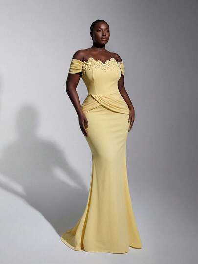 Elitara Plus Size Elegant Romantic Asymmetric Neckline Open Shoulder Ruched Waist Mermaid Hem Dress, Suitable For Weddings, Parties, Celebrations And Formal Events, Bridal And Bridesmaid