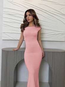 Jemour 夏季服装、日常约会和旅行装、派对装、优雅女士内衣、外出装、斜肩不对称加长鱼尾裙、俱乐部女士装、约会装、宴会礼服 - 粉色 - 查看 4