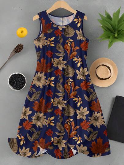 EMERY ROSE Vestido de tirantes con cuello redondo y estampado de hojas en talla grande, vestido informal de línea A, adecuado para vacaciones, playa y uso diario, conjunto de ropa de verano para mujer