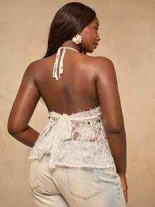 SHEIN BAE Plus Size Lace Patchwork Halter Neck Tie Seashell Tassel Blouse,White Summer Elegant Party Wedding Guest Boho Camisole Top,Textured Beach Vacation Top - Apricot - View 2