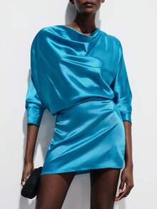 Aveloria Modichic Vestido mini ajustado de manga larga con cuello de satén y cintura ceñida, diseño de lujo elegante y urbano para ir al trabajo y salir de noche - Azul - Ver 1