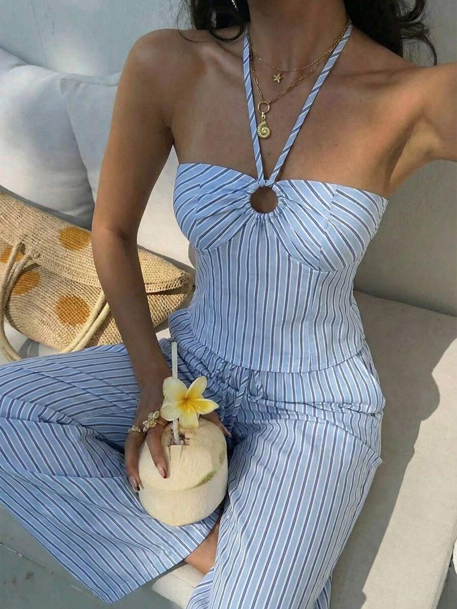 Aloruh 女士新款休闲条纹吊带背心和阔腿裤套装，海岛度假/夏季穿搭，露背性感短款上衣和裤子套装，蓝色条纹套装女士长裤套装，女士两件套，夏季休闲两件套，条纹两件套，挂脖两件套，女士夏季服装，夏季度假服装套装 - 藍色 - 查看 1