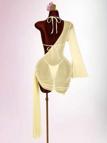 Amplova Women's 3 PiecesBeaded Swimsuit Set Including Sexy Halter Mesh Coverup, Suitable For Holiday Wear With Tie Details - Light Yellow - View 5