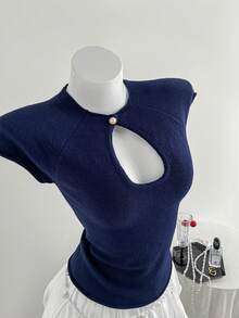 Elamini Atasan Rajut Pendek Musim Panas, Atasan Rajut Lengan Pendek dengan Kerah Cheongsam - Navy Blue - View 3