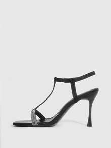 CUCCOO SZL Zapatos de tacón alto de punta cuadrada para mujer, con cadena de cristales y correa de tobillo sexy y de moda, adecuados para vestir, fiesta y discoteca - Negro - Ver 9