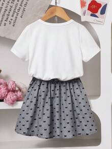 SHEIN 2件套 女童Y2K可爱蝴蝶结圆领短袖露脐针织T恤上衣+灰色蝴蝶结百褶迷你裙套装 - 彩色 - 查看 2