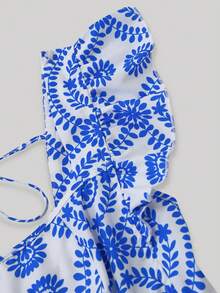 Trelyra Áo kiểu nữ cổ vuông tay bèo nhún vạt lệch in họa tiết - Màu xanh lam - Xem 6