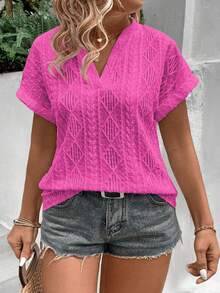 EMERY ROSE Fashionable Casual Basic Textured Fuchsia Argyle Embroidered Plus Size T-Shirt - Hot Pink - View 1