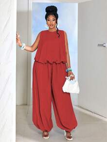Maweii Conjunto de 2 piezas de top sin mangas y pantalones de unicolor minimalista talla grande - Rojo - Ver 6