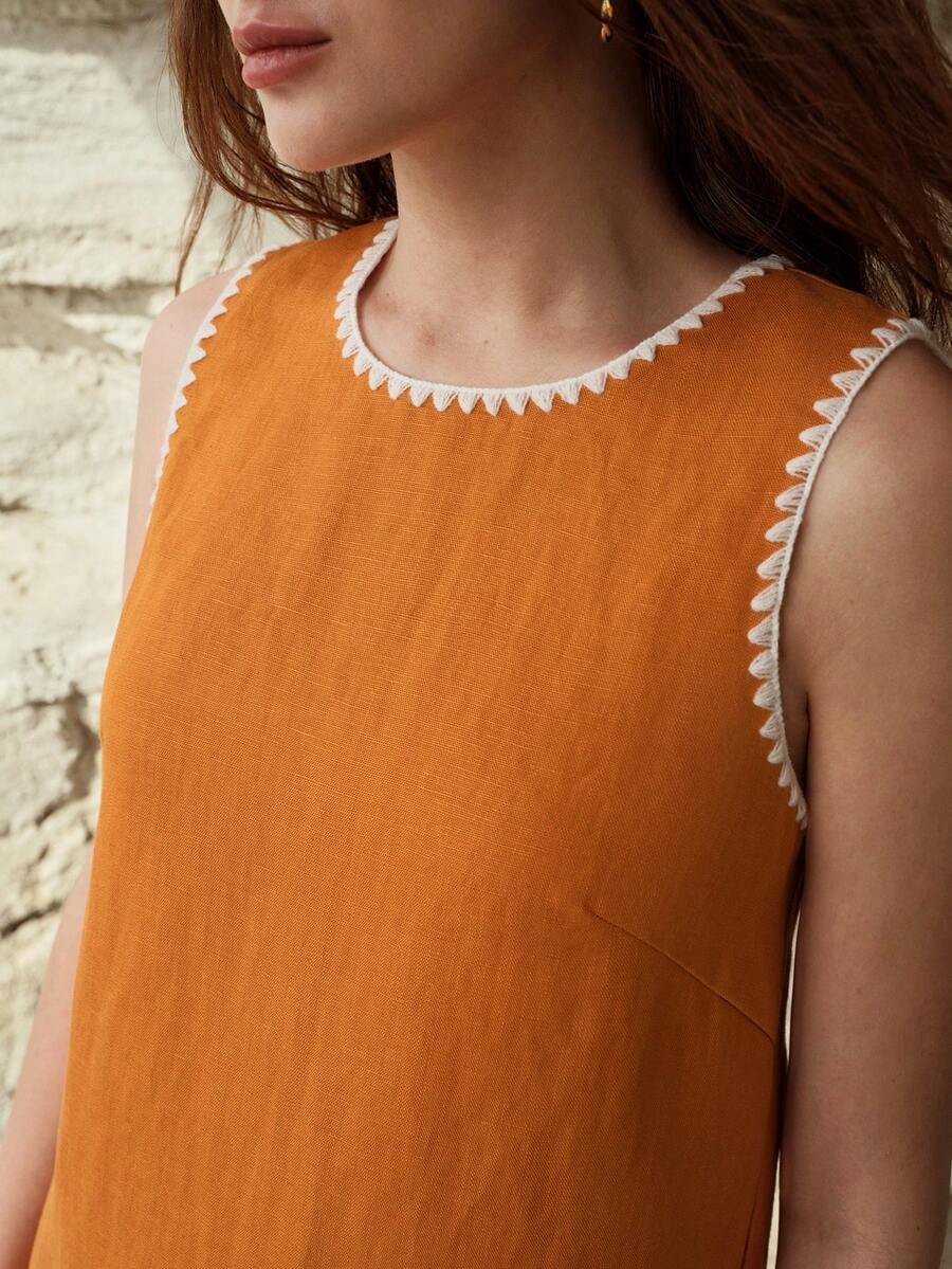 MOTF PREMIUM LINEN ROUND NECK SLEEVELESS MINI DRESS WITH SHELL EMBROIDERED TRIM, SPRING/SUMMER VACATION ORANGE AND WHITE CASUAL - Orange - View 2