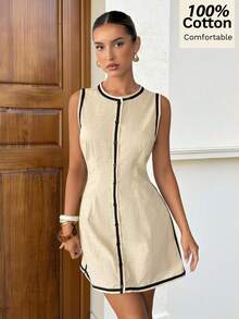 Siren Gaze Đầm ngắn phối màu tương phản bằng chất liệu cotton nguyên chất, hàng mới về mùa xuân dành cho nữ. - Màu be - Xem 1