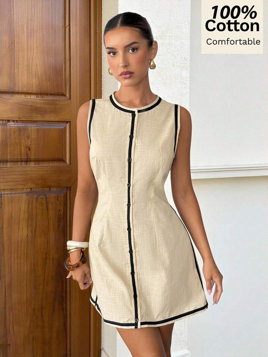 Siren Gaze Đầm ngắn phối màu tương phản bằng chất liệu cotton nguyên chất, hàng mới về mùa xuân dành cho nữ. - Màu be - Xem 1