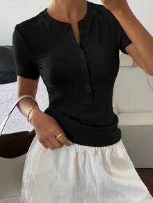 Women's Summer Fitted Regular-Shoulder Short Sleeve Casual T-Shirt - Black - View 3