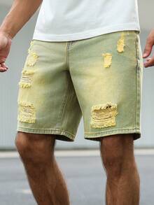 Manfinity Homme Men's Casual Washed Distressed Denim Shorts Distressed Denim Shorts Men - Army Green - View 8