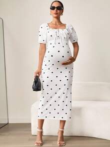 MaterniWear Đầm bầu mùa hè kiểu dáng thường ngày in chấm bi, thắt nơ phía trước. - trắng - Xem 5