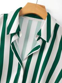 Women's Navy Blue Digital Print Striped Loose Turndown Collar Short Sleeve Gathered Cinched Waist Elegant Unique Design Blouse For Work - Green - View 3