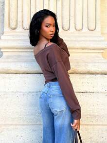 Mima John 杏色针织不对称肩部长袖上衣，女士秋冬款 - 咖啡棕 - 查看 6