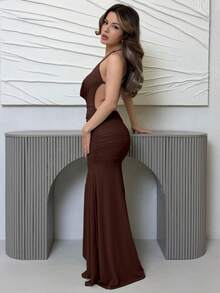 Jemour Women's Solid Green Spaghetti Strap Ruched Waist Open Back Dress, Suitable For Party, Vacation, Banquet, Wedding, Night Out, Romantic Date, Summer,Formal Dresses For Wedding Guest,Wedding Guest Dress,Party Dresses For Women,Fall Wedding Guest Dress - Coffee Brown - View 6