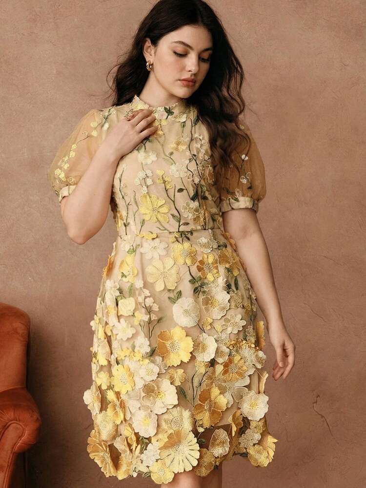 Plus Size Women Elegant 3D Floral Textured Stand Collar Petal Sleeve A-Line Short Dress