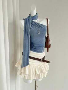 Elamini 女士夏季时尚露背单肩褶皱修身牛仔衬衫 - 藍色 - 查看 4