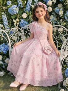 SHEIN 少女夏季碎花不对称肩连衣裙 - 粉色 - 查看 1