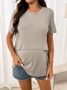 孕妇纯色圆领哺乳休闲百搭日常上衣 - 杏色 - 查看 6