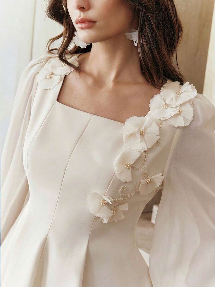 Women's Elegant Fashion New Year Holiday 3D Floral Embroidery Decor Long Sleeve Dress For Dates & Parties, Spring/Summer